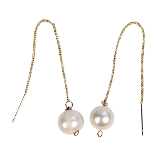 Hand Crafted Gold White Pearl Threader Earrings - Picture 1 of 3